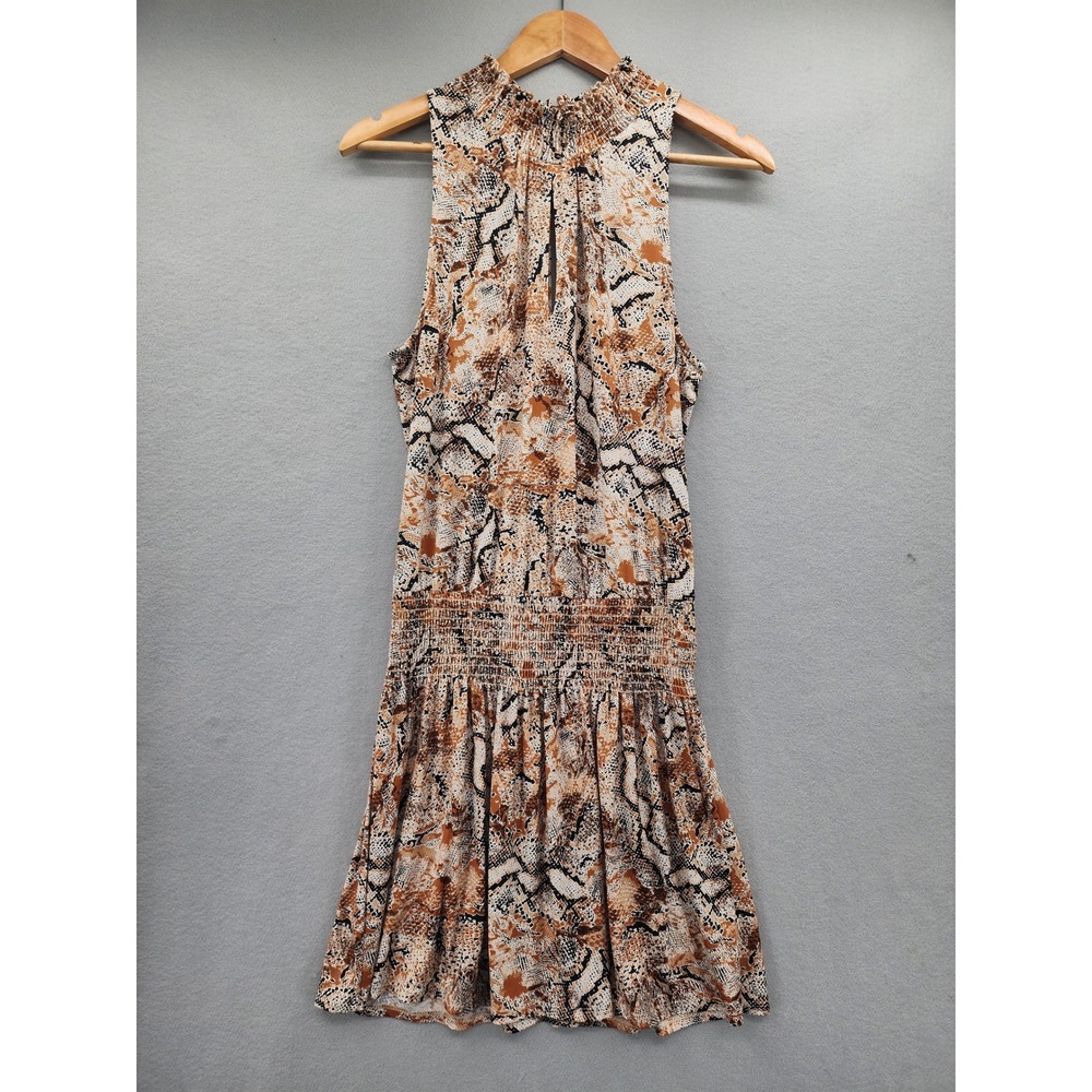 Veronica M Snakeskin Print Smocked Mini Dress SM Brown Tan‎ Sleeveless Mock Neck